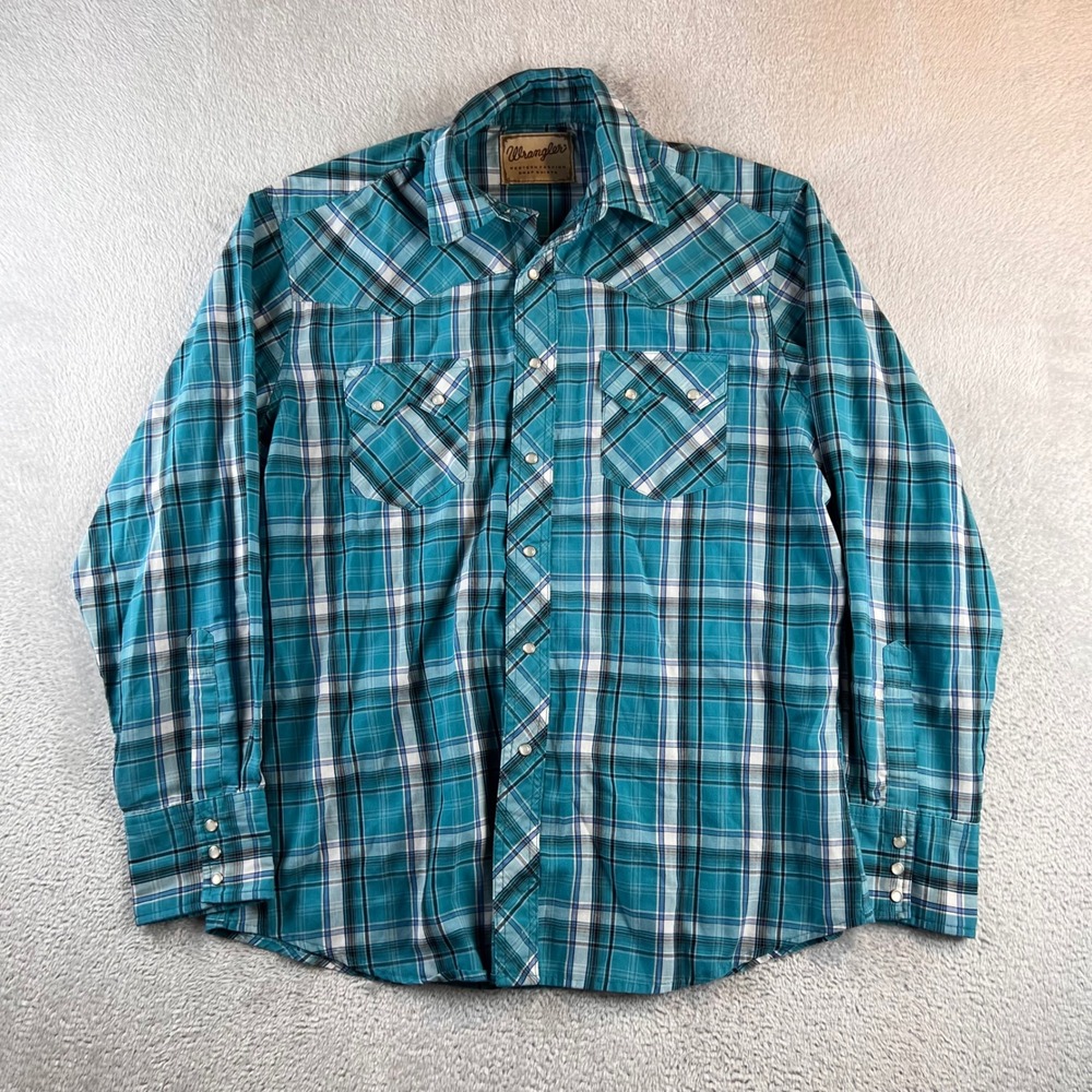 Wrangler Western Fashion Mens Turquoise Plaid Pearl Snap Long Sleeve Shirt XL
